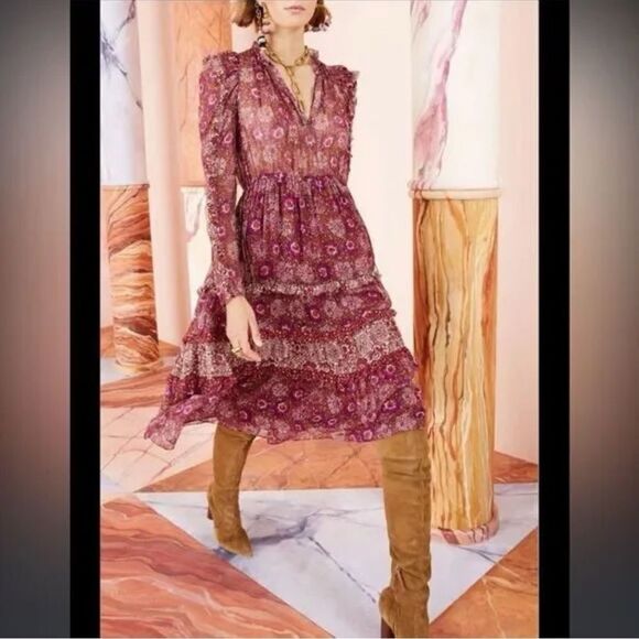 Ulla Johnson Alessandra Silk Long Sleeve Midi Dress in Maroon / Burgundy / Wine - Picture 6 of 11